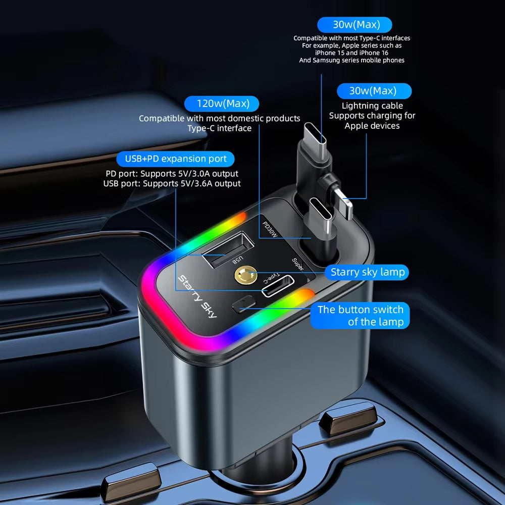 5-in-1 Smart Car Charger (180W) - Chaji ya Kijanja Inayojivuta yenye Taa za Nyota (Starlight)