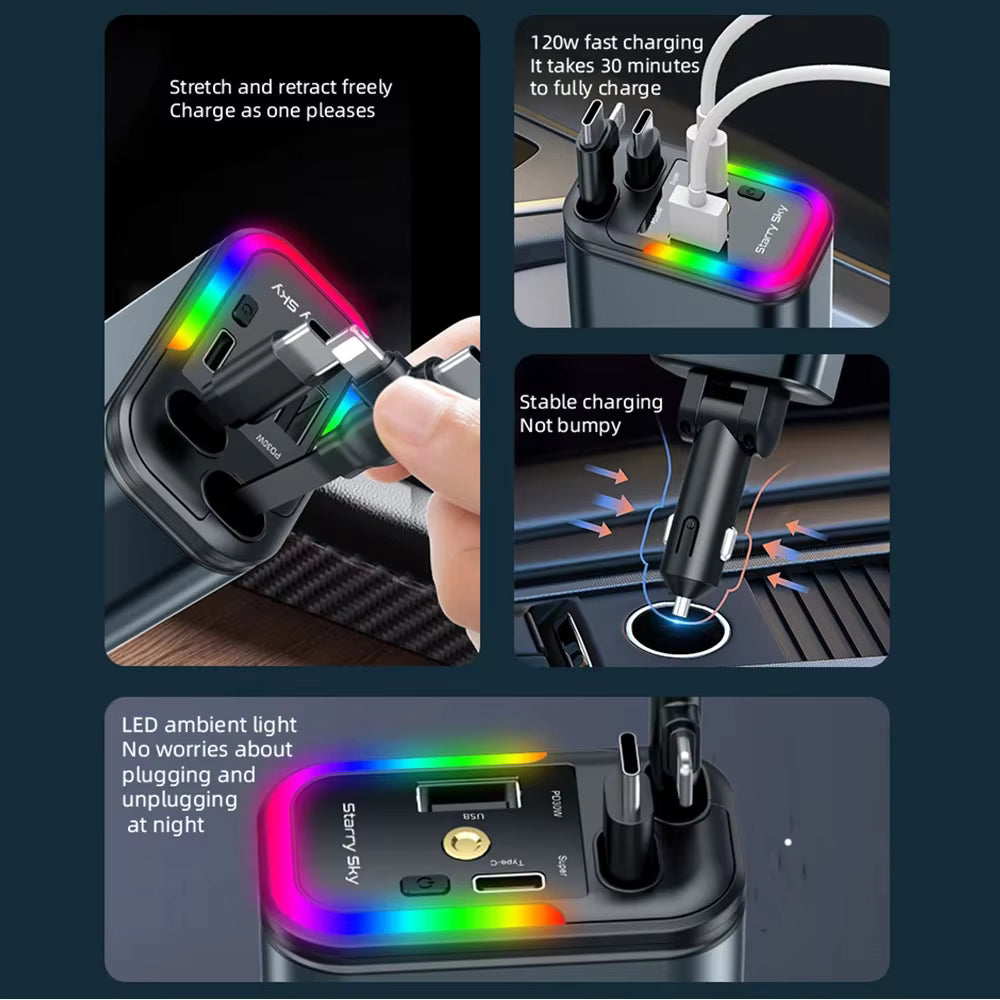 5-in-1 Smart Car Charger (180W) - Chaji ya Kijanja Inayojivuta yenye Taa za Nyota (Starlight)